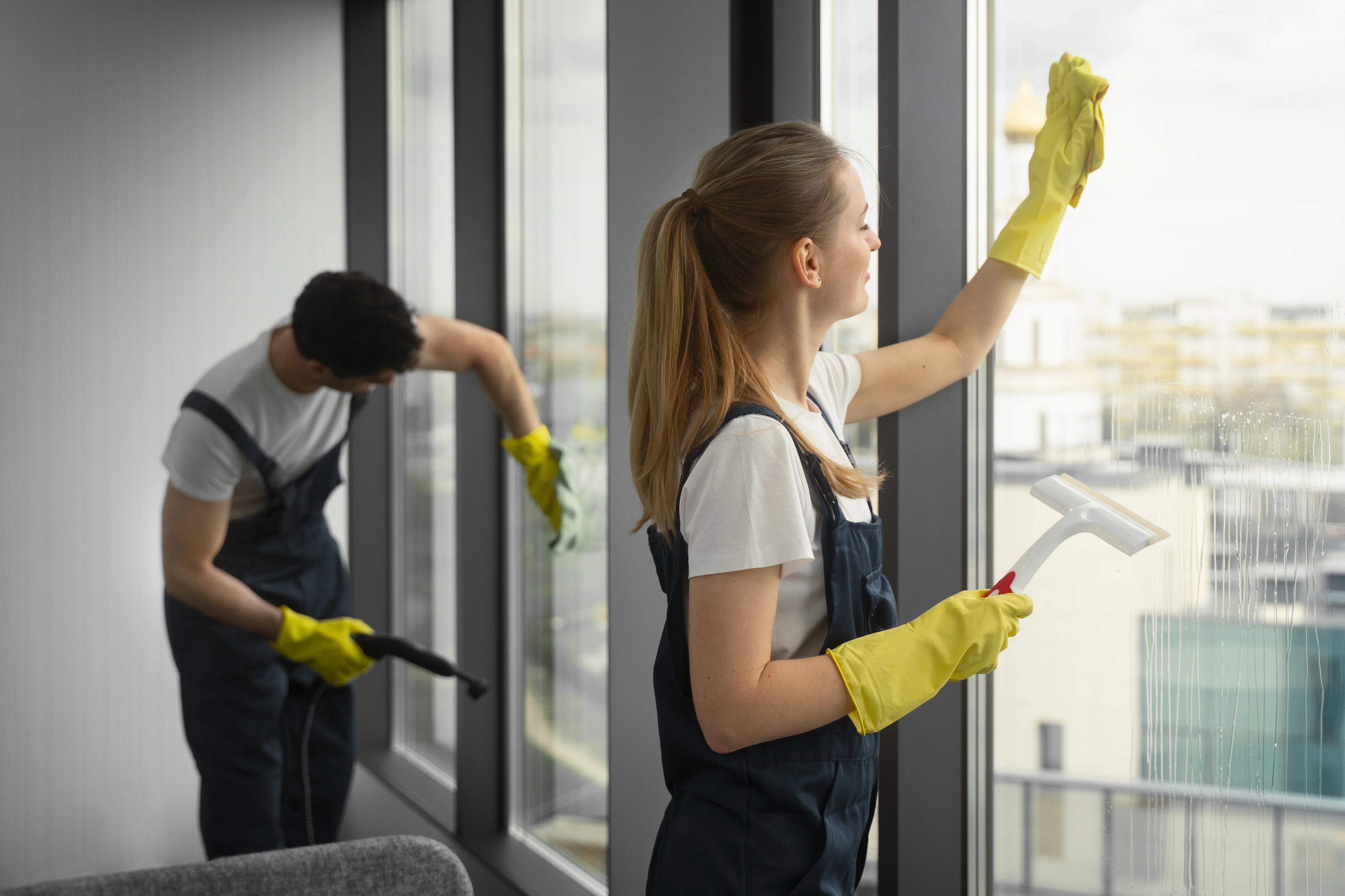 Profesional limpiando ventanas de vidrio con técnica especializada